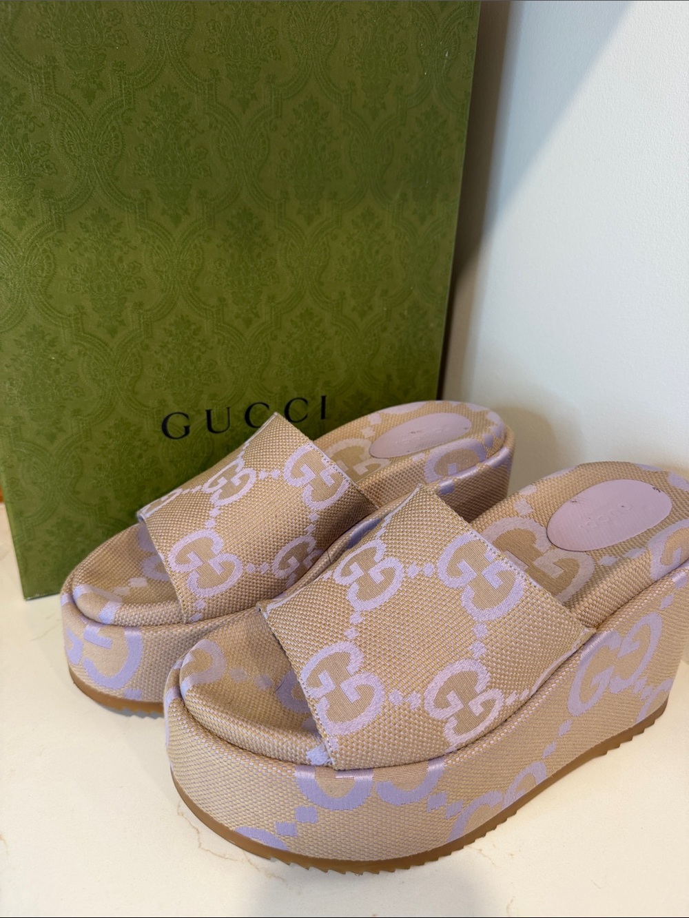 Gucci Beige & Lilac GG Pattern Platform Slide Sandals